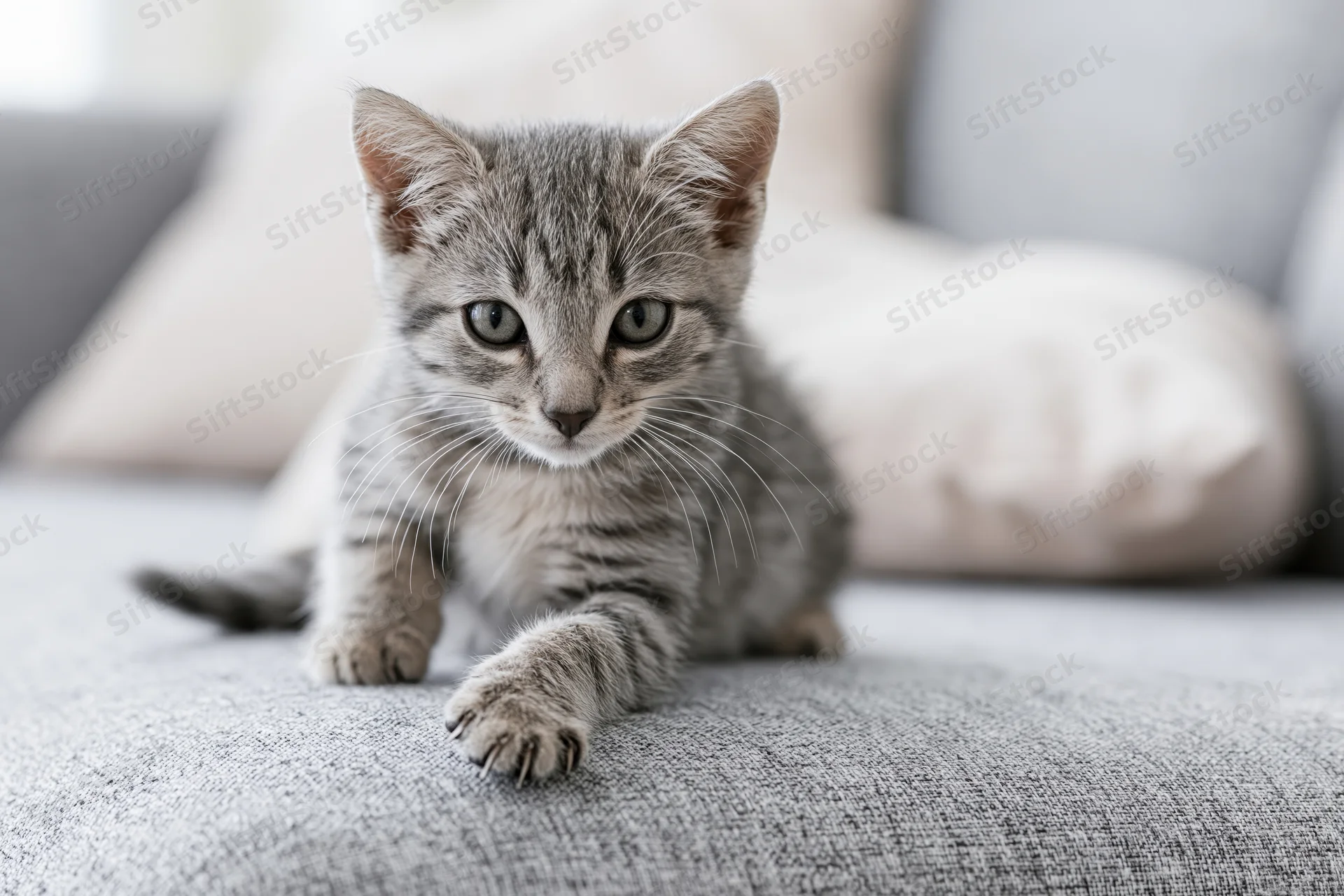 Grey tabby kitten crouching alert on light grey fabric sofa with cushions in background