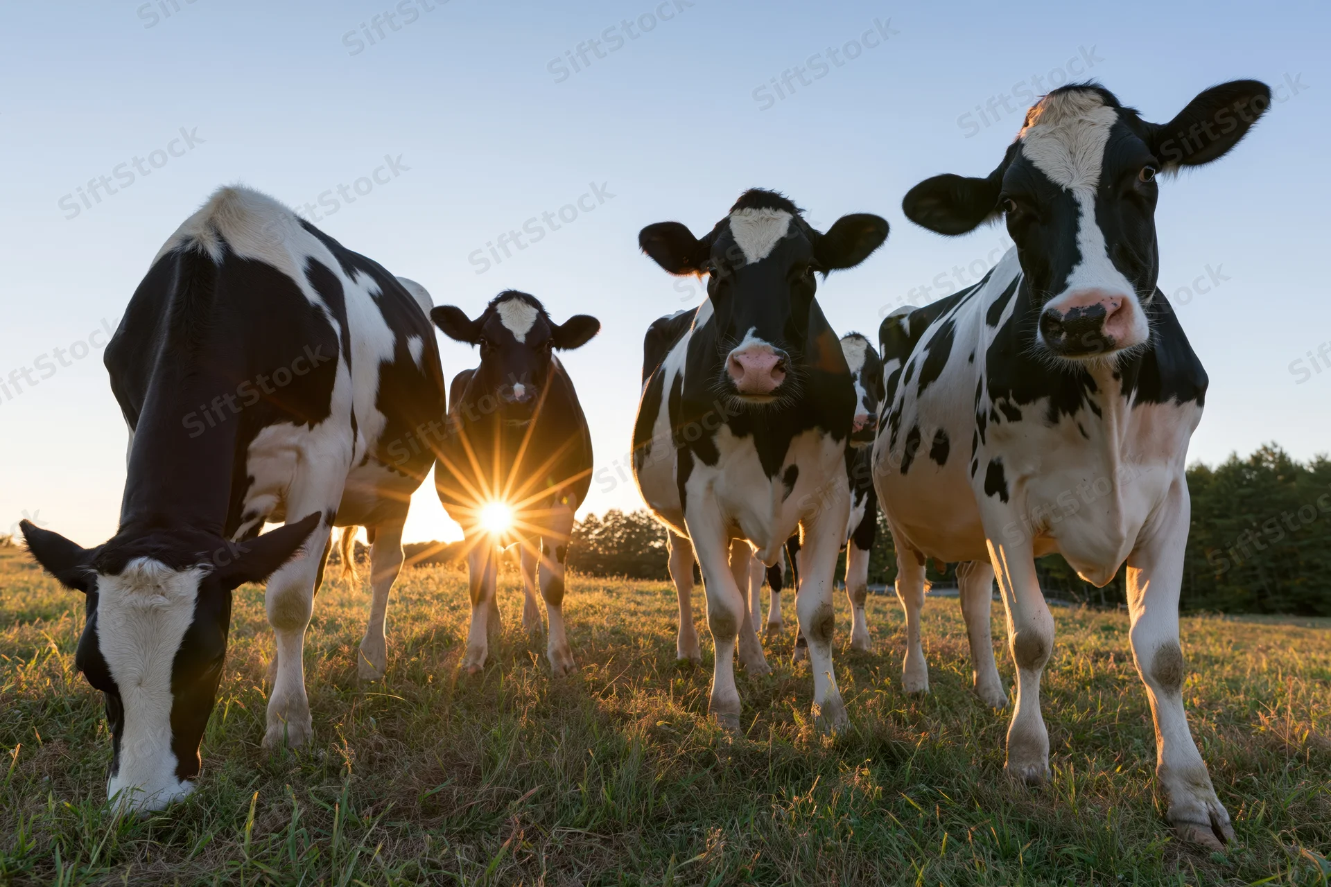 Holstein dairy cows standing and grazing in a grassy pasture at sunrise