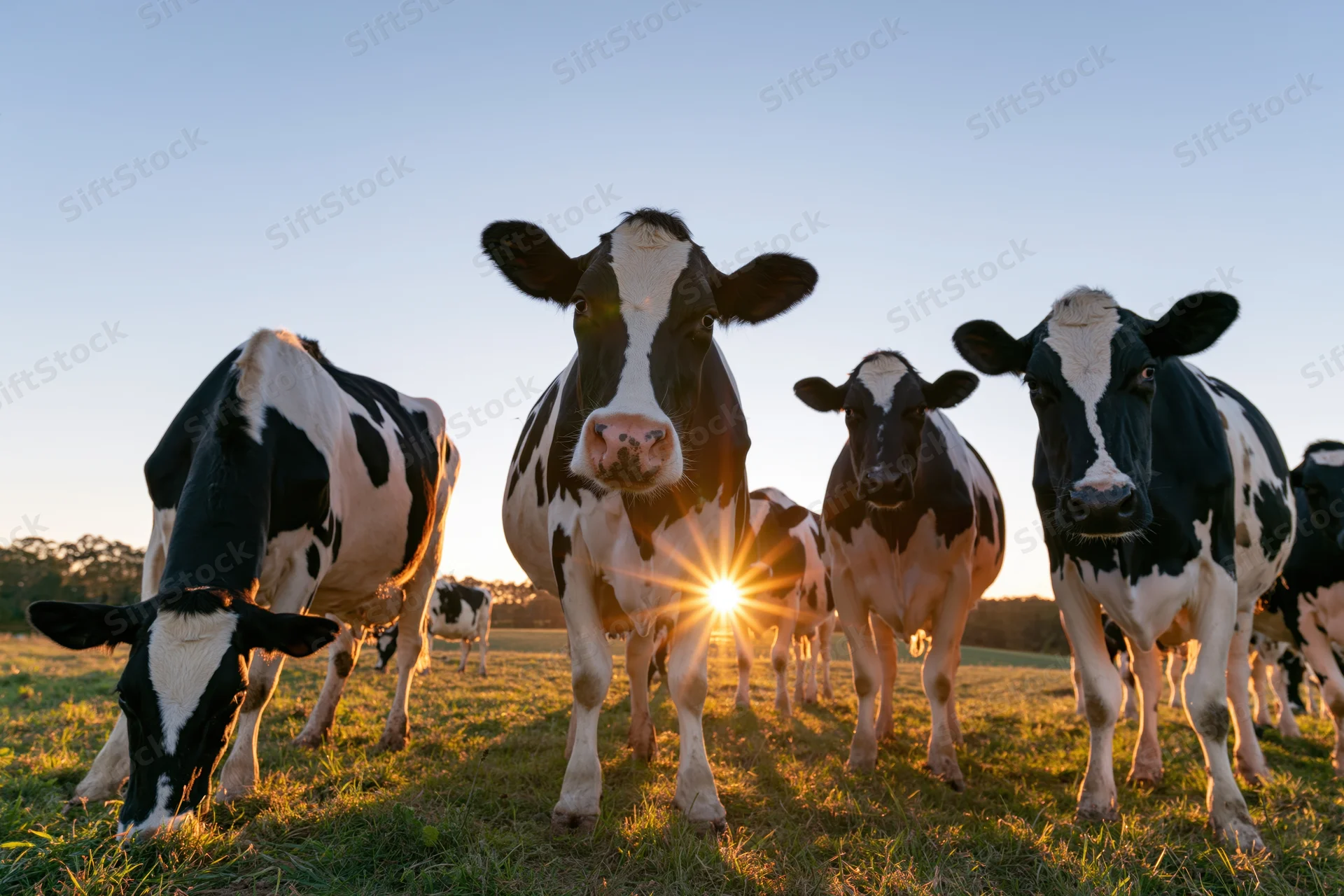 Holstein dairy cows standing in a grassy pasture at sunrise with sunlight flaring behind them