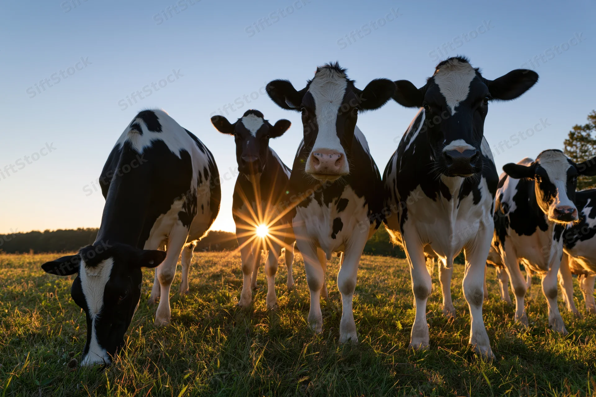 Holstein dairy cows standing in a grassy pasture at sunrise with sun flare behind them
