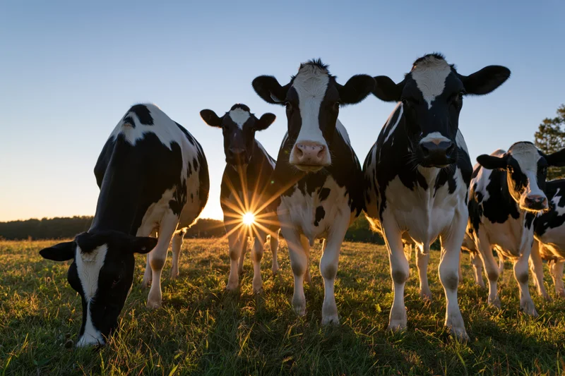 Holstein dairy cows standing in a grassy pasture at sunrise with sun flare behind them