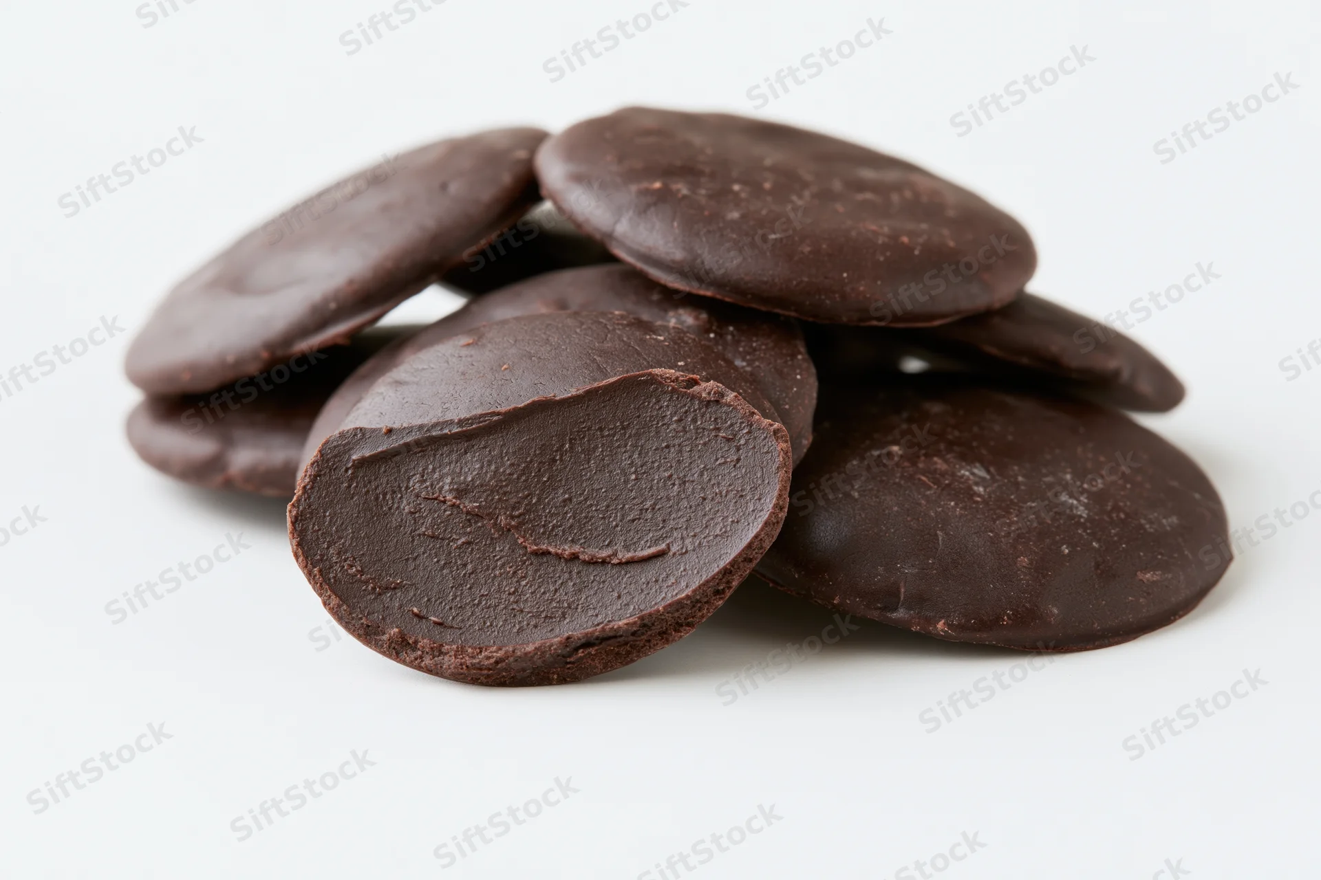 Pile of dark chocolate discs arranged on a white surface