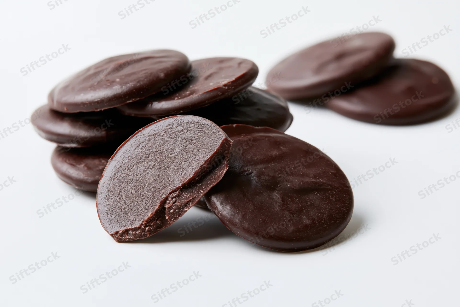 Dark chocolate discs stacked and broken on a white surface with copyspace