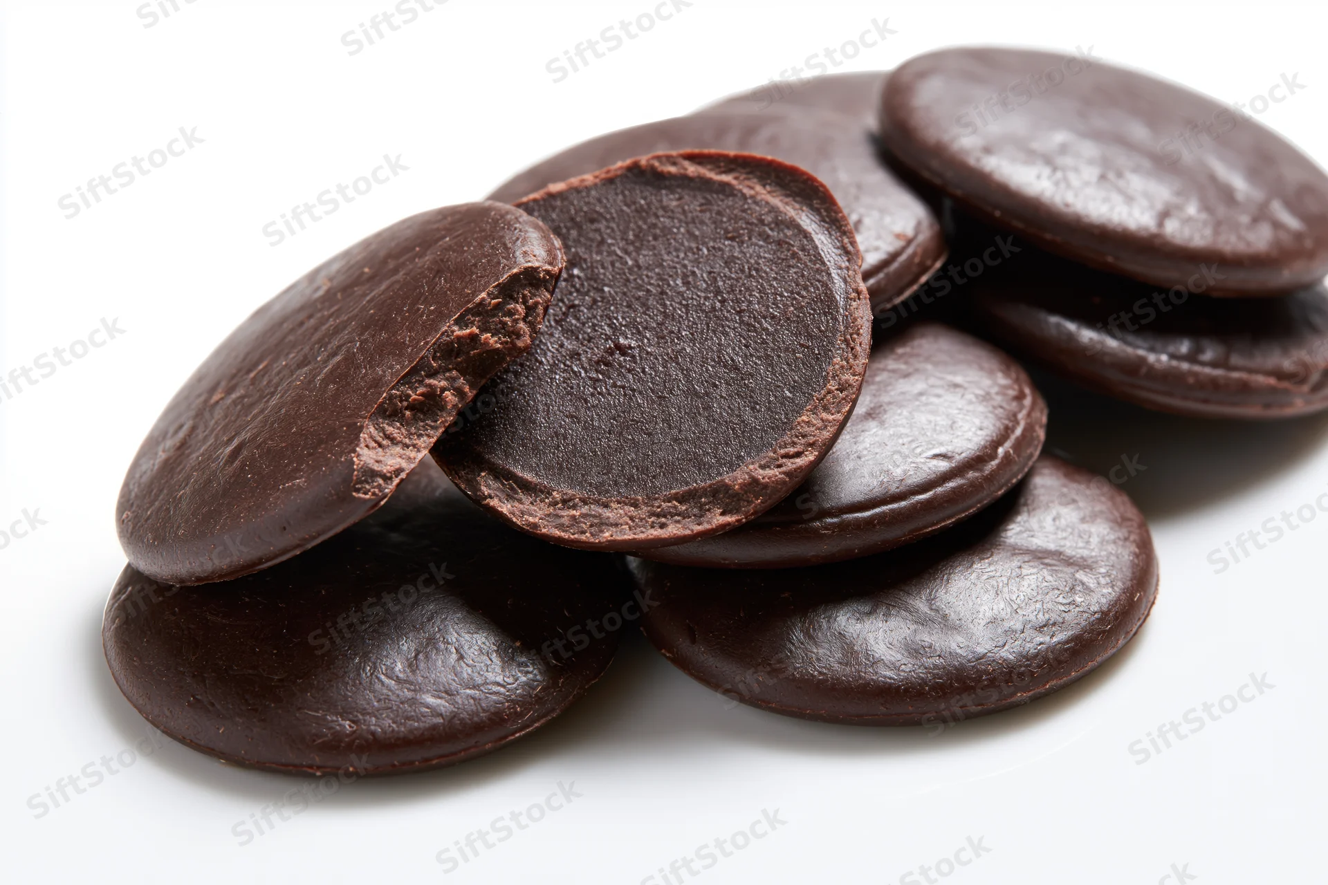 Dark chocolate discs stacked and broken on white surface