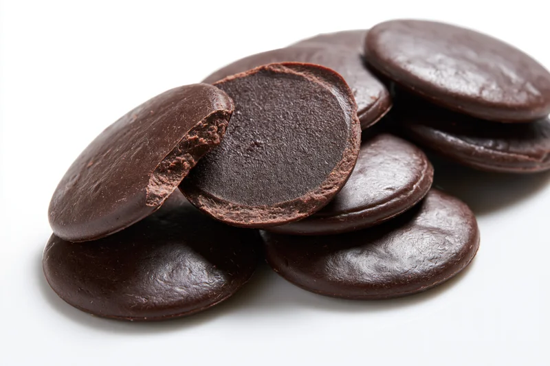 Dark chocolate discs stacked and broken on white surface