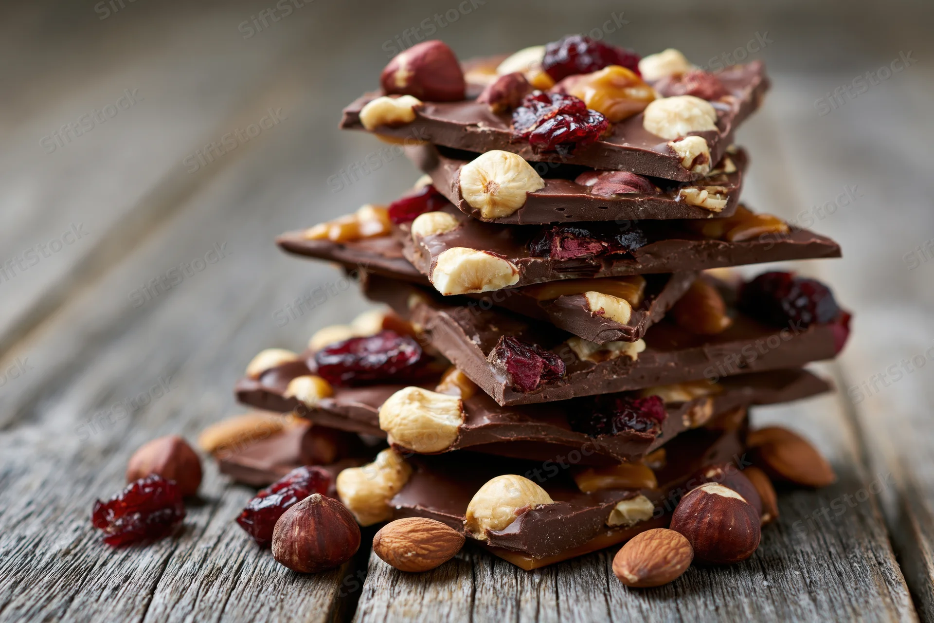 Stack of chocolate bark with hazelnuts and dried cranberries on a rustic wooden table
