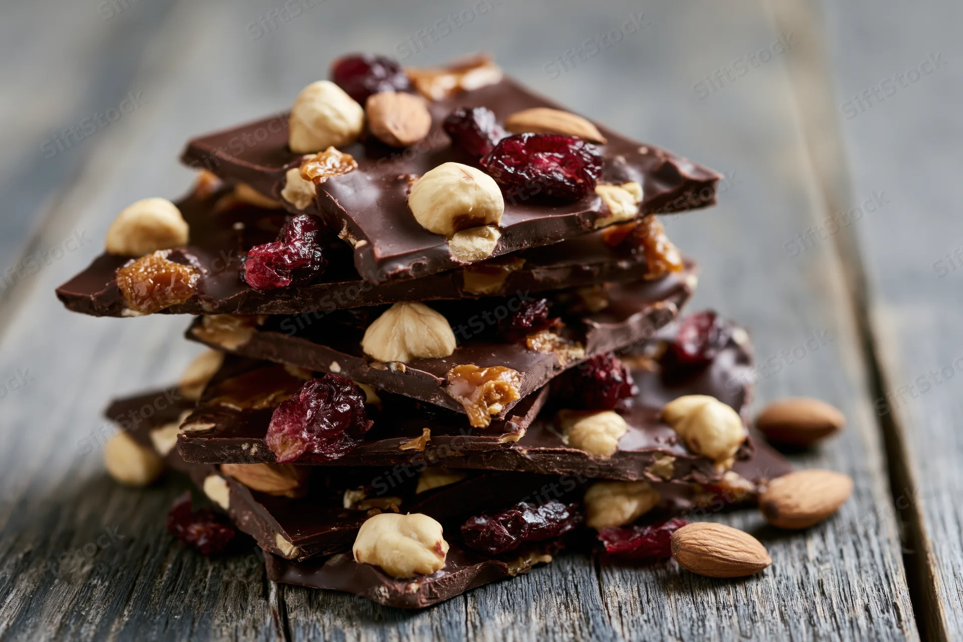 Stack of chocolate bark with nuts and dried cranberries on wooden surface