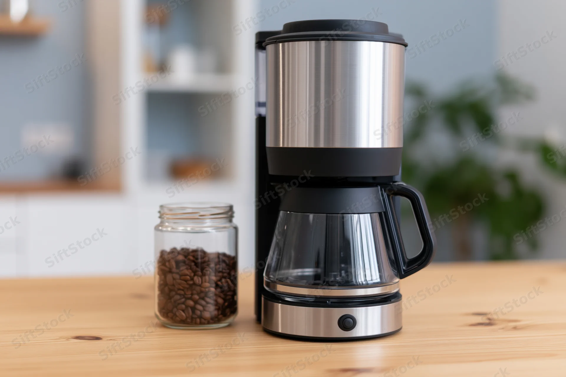 Stainless steel and black drip coffee maker with glass carafe and coffee bean jar on wooden kitchen countertop