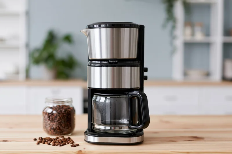 Stainless steel and black drip coffee maker on wooden kitchen countertop with coffee beans in glass jar nearby