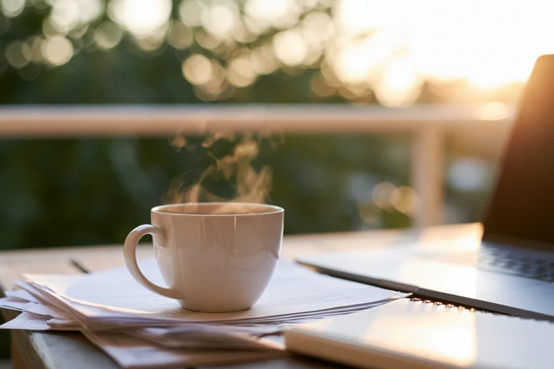 Steaming white ceramic coffee cup on scattered papers beside laptop on balcony table in morning sunlight