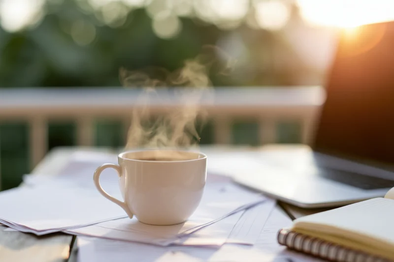 Steaming white ceramic coffee cup on scattered papers beside laptop and notebook on outdoor desk at sunrise