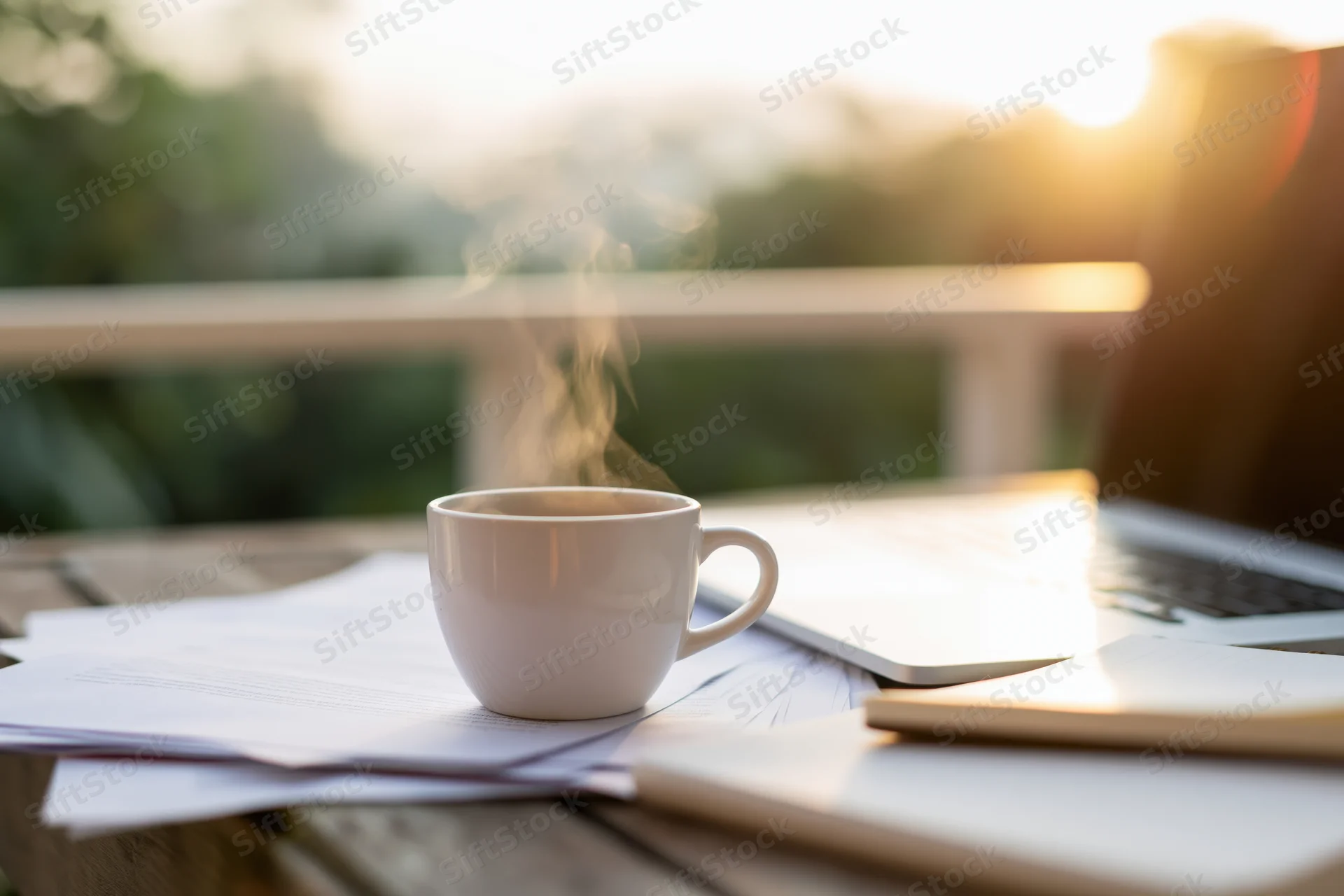 Steaming white ceramic coffee cup on scattered papers beside laptop on wooden balcony table at sunrise