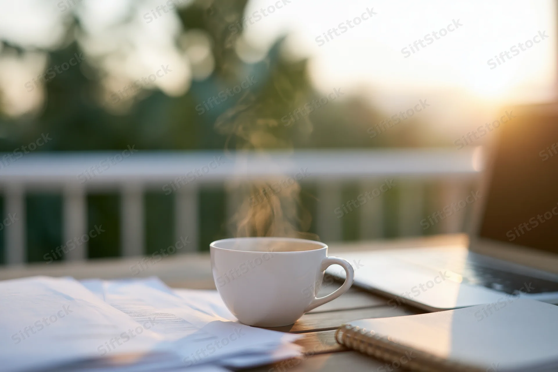 Steaming white ceramic coffee cup on wooden table with scattered papers, notebook and laptop on balcony at sunrise
