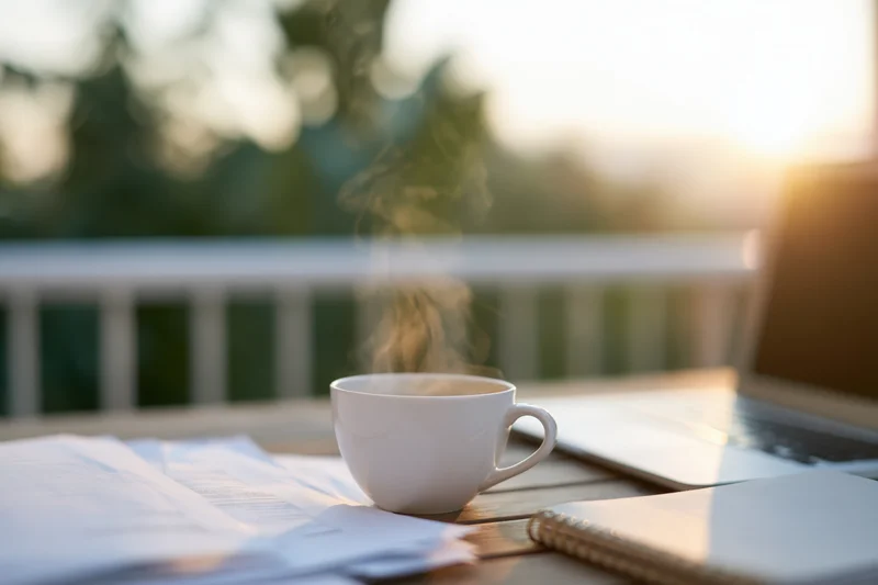 Steaming white ceramic coffee cup on wooden table with scattered papers, notebook and laptop on balcony at sunrise