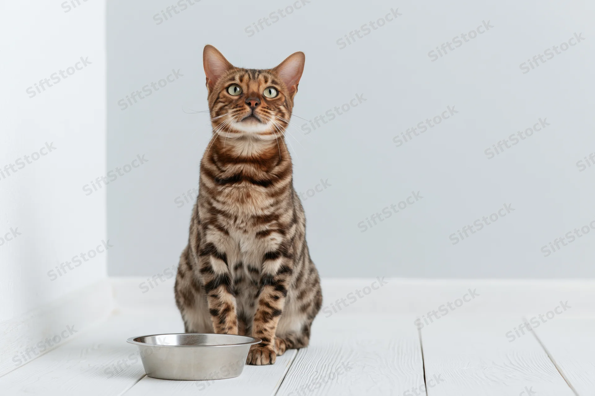 Bengal cat sitting upright beside metal food bowl on white wood floor