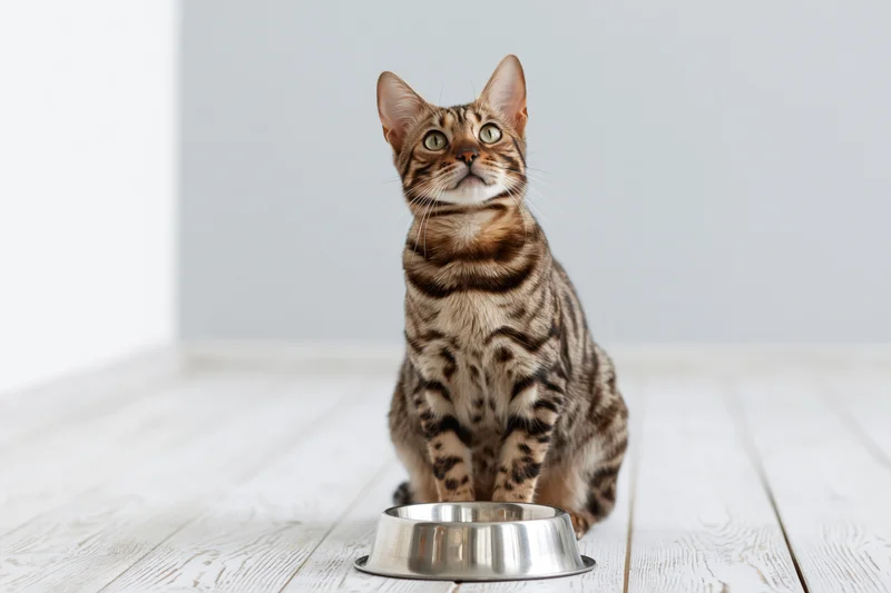 Bengal cat sitting upright on white-painted wood floor with metallic food bowl in front
