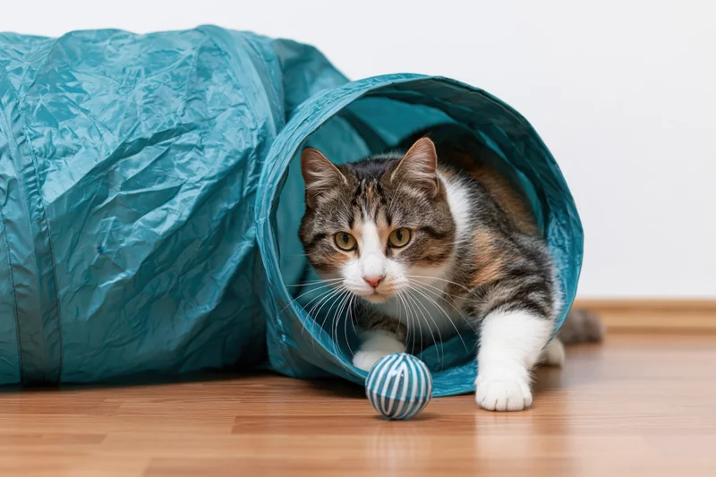 Tabby and white cat crouching inside a collapsible fabric tunnel on wooden floor with striped ball nearby