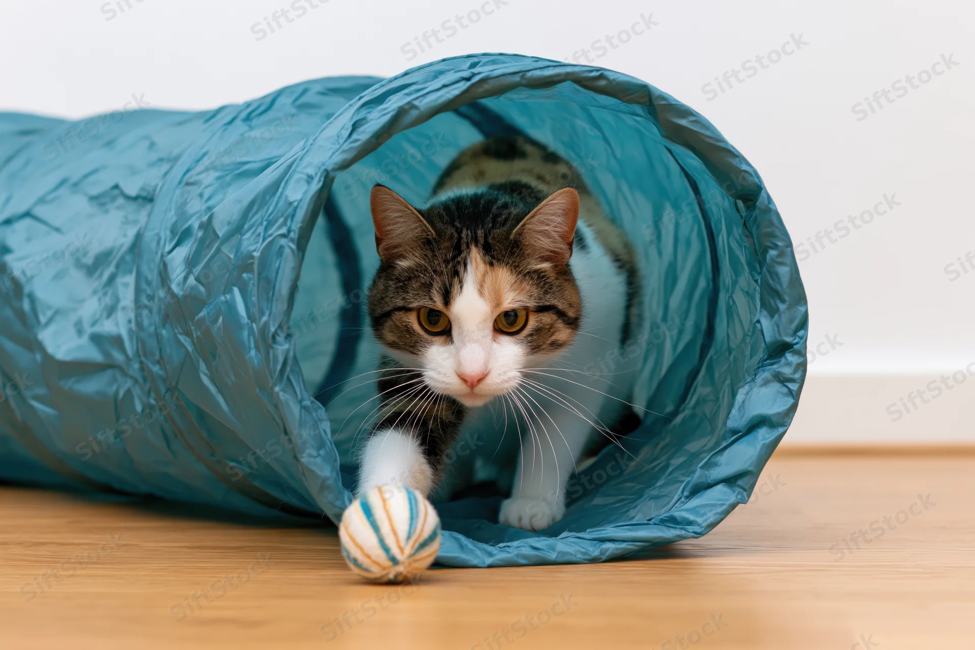 Tabby and white cat crouching inside a collapsible fabric tunnel with a striped ball on a wooden floor