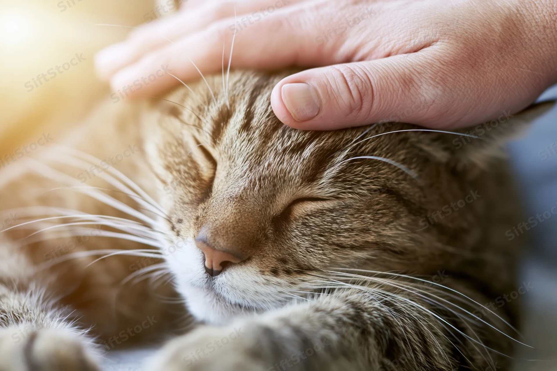 Tabby cat lying down with eyes closed being gently stroked by a human hand