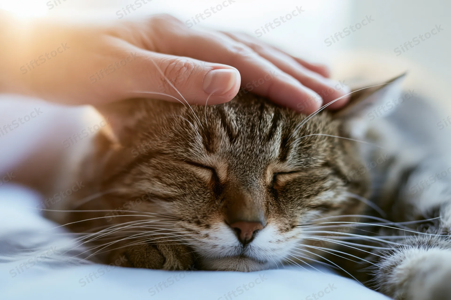 Tabby cat sleeping with eyes closed being gently stroked by a hand on a white surface