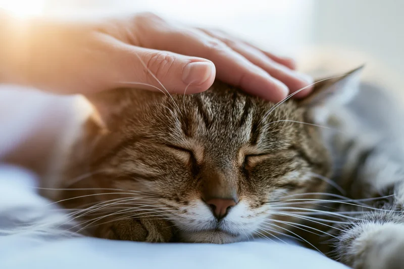 Tabby cat sleeping with eyes closed being gently stroked by a hand on a white surface
