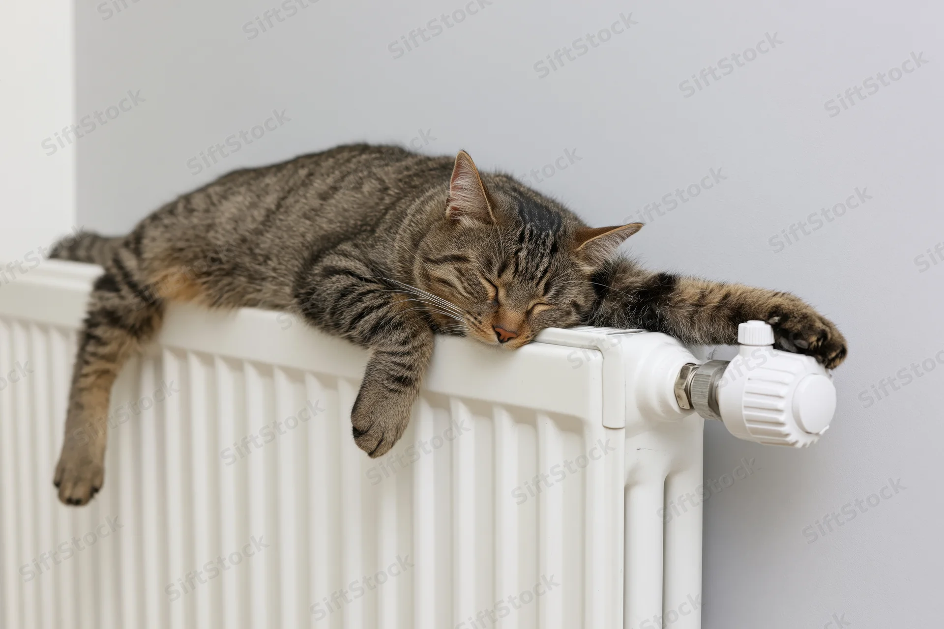 Tabby cat sleeping sprawled on white wall-mounted radiator in home interior