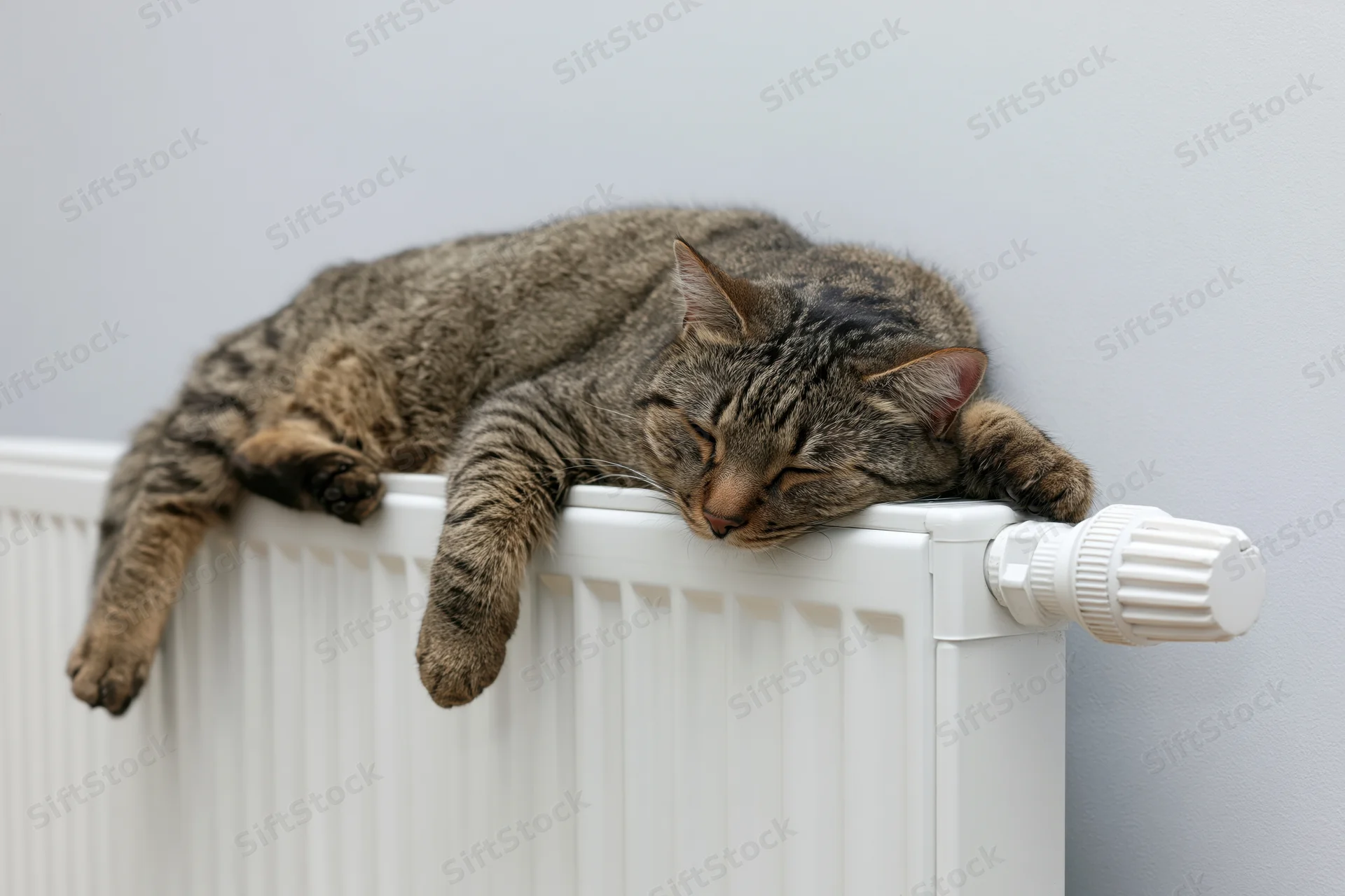 Tabby cat sleeping sprawled on top of a white wall-mounted radiator