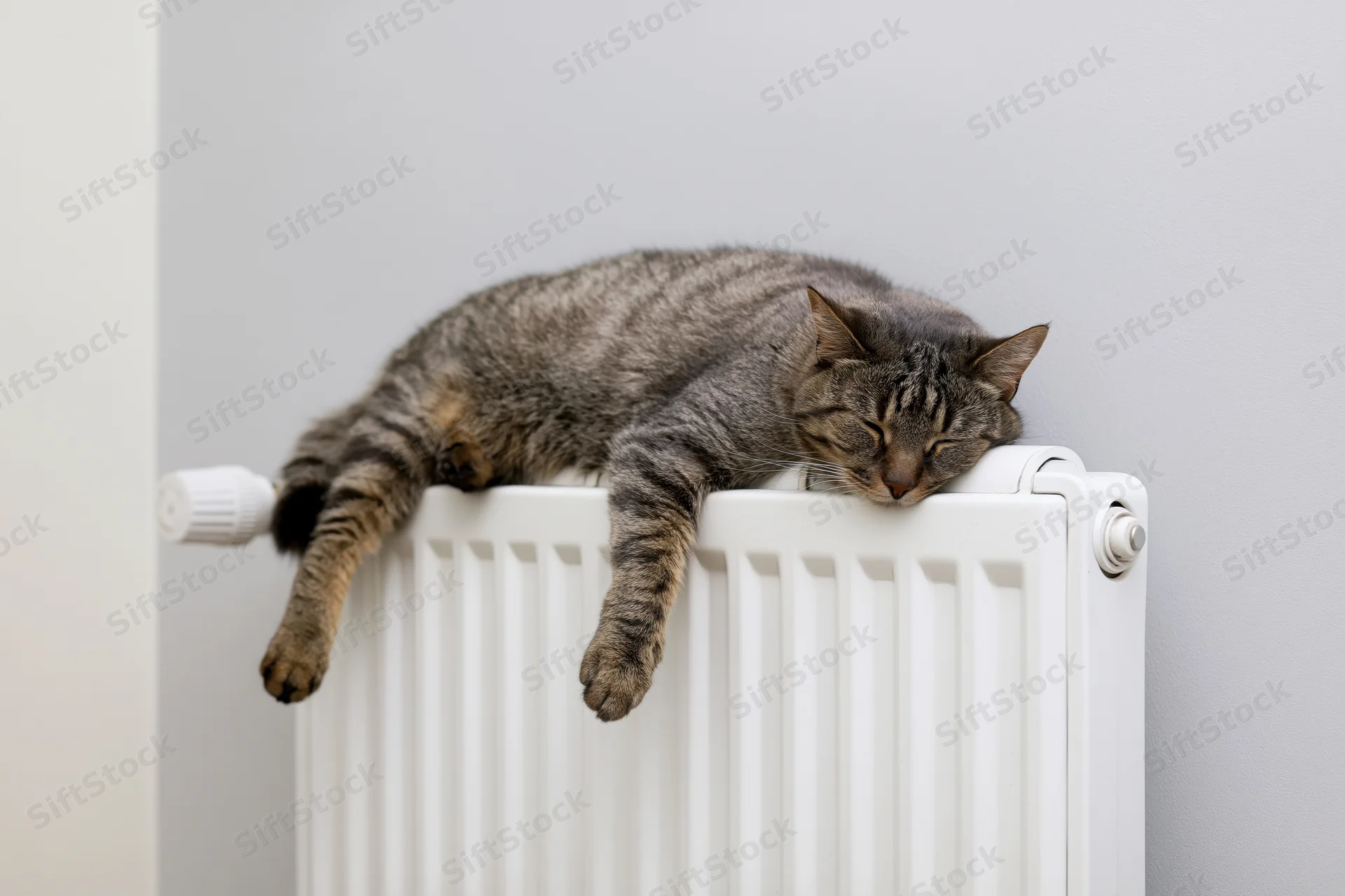 Tabby cat sleeping sprawled on top of a white wall-mounted radiator