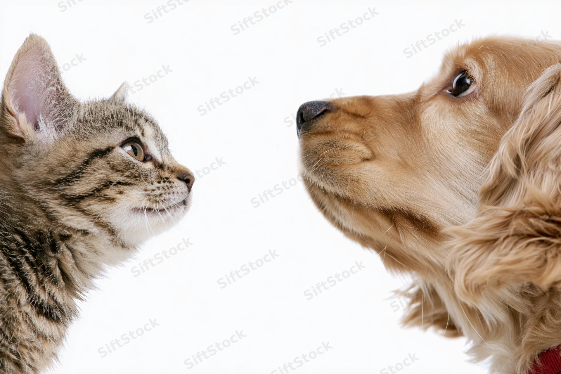 Tabby kitten and golden cocker spaniel facing each other in profile against white background