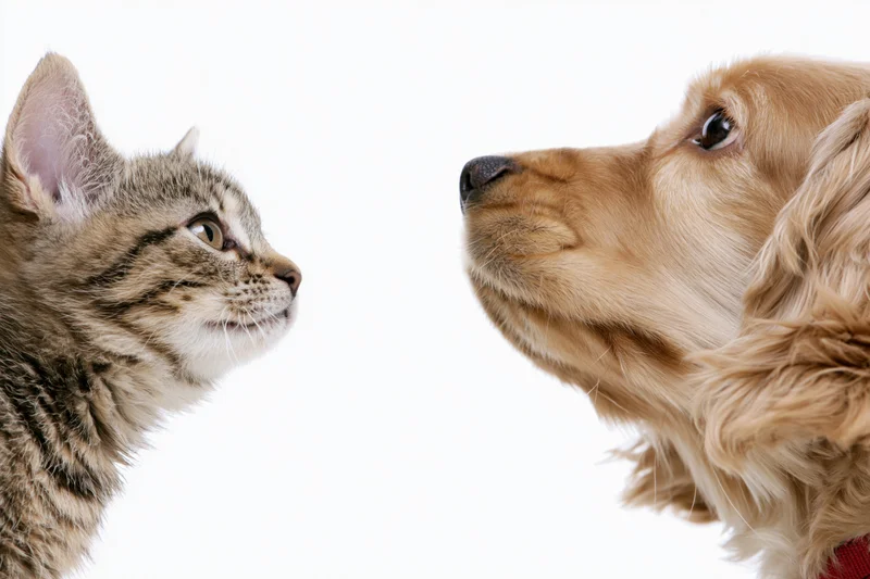 Tabby kitten and golden cocker spaniel facing each other in profile against white background