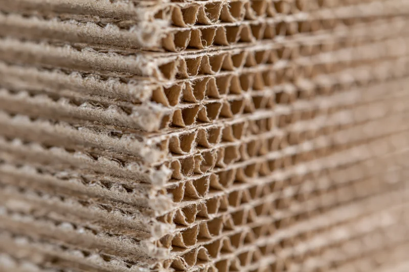 Tall stack of corrugated cardboard sheets arranged vertically with visible fluting and rough edges