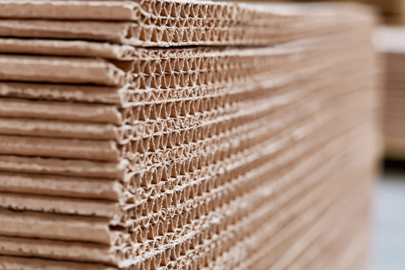 Tall stack of corrugated cardboard sheets arranged vertically in a warehouse setting