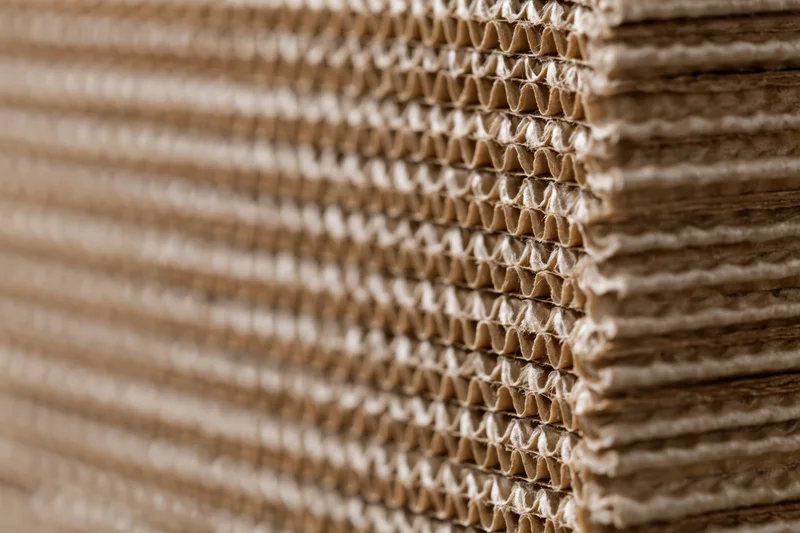 Tall stack of corrugated cardboard sheets arranged vertically with visible fluting and layered edges