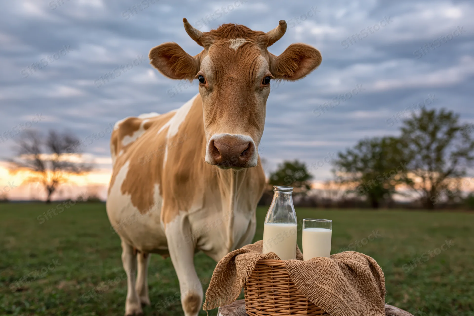 Tan and white cow standing near a wicker basket with milk bottles in a grassy field at sunset