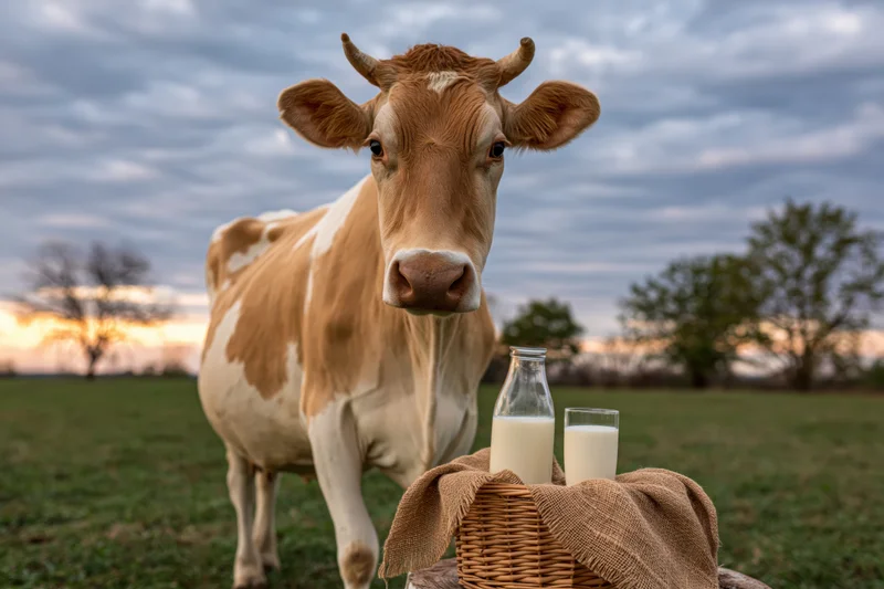 Tan and white cow standing near a wicker basket with milk bottles in a grassy field at sunset