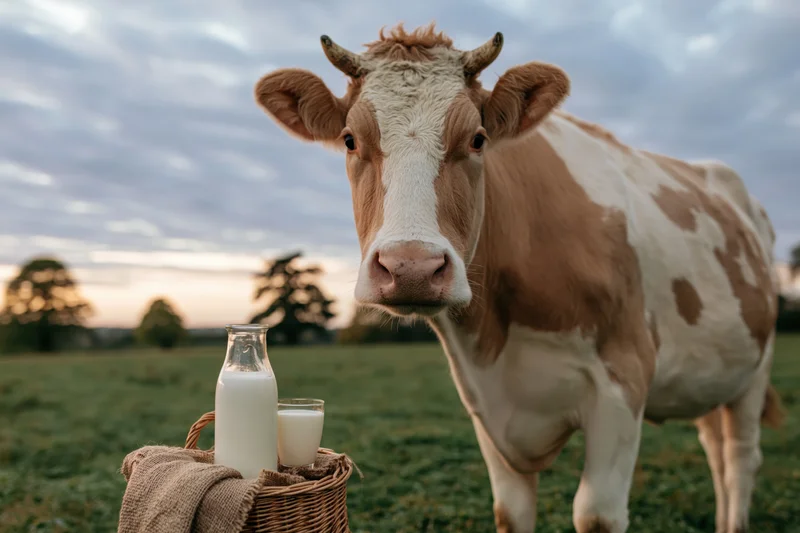 Tan and white cow standing near a wicker basket with milk bottle and glass in a grassy field at twilight