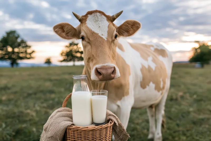 Tan and white cow standing behind a basket with milk bottles in a grassy field at sunset