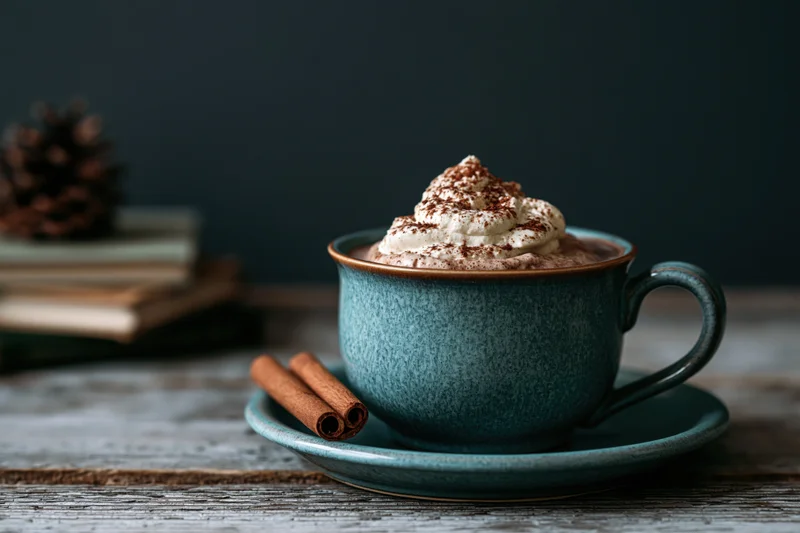 Teal ceramic mug filled with hot chocolate topped with whipped cream and cinnamon on a wooden table with books and pinecone in background