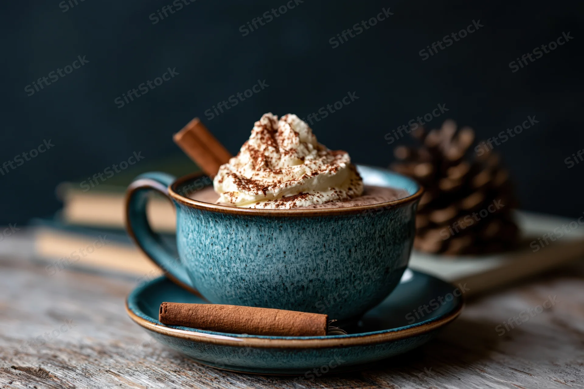Teal ceramic mug filled with hot chocolate topped with whipped cream and cinnamon, on a wooden table with a pinecone and cinnamon stick nearby