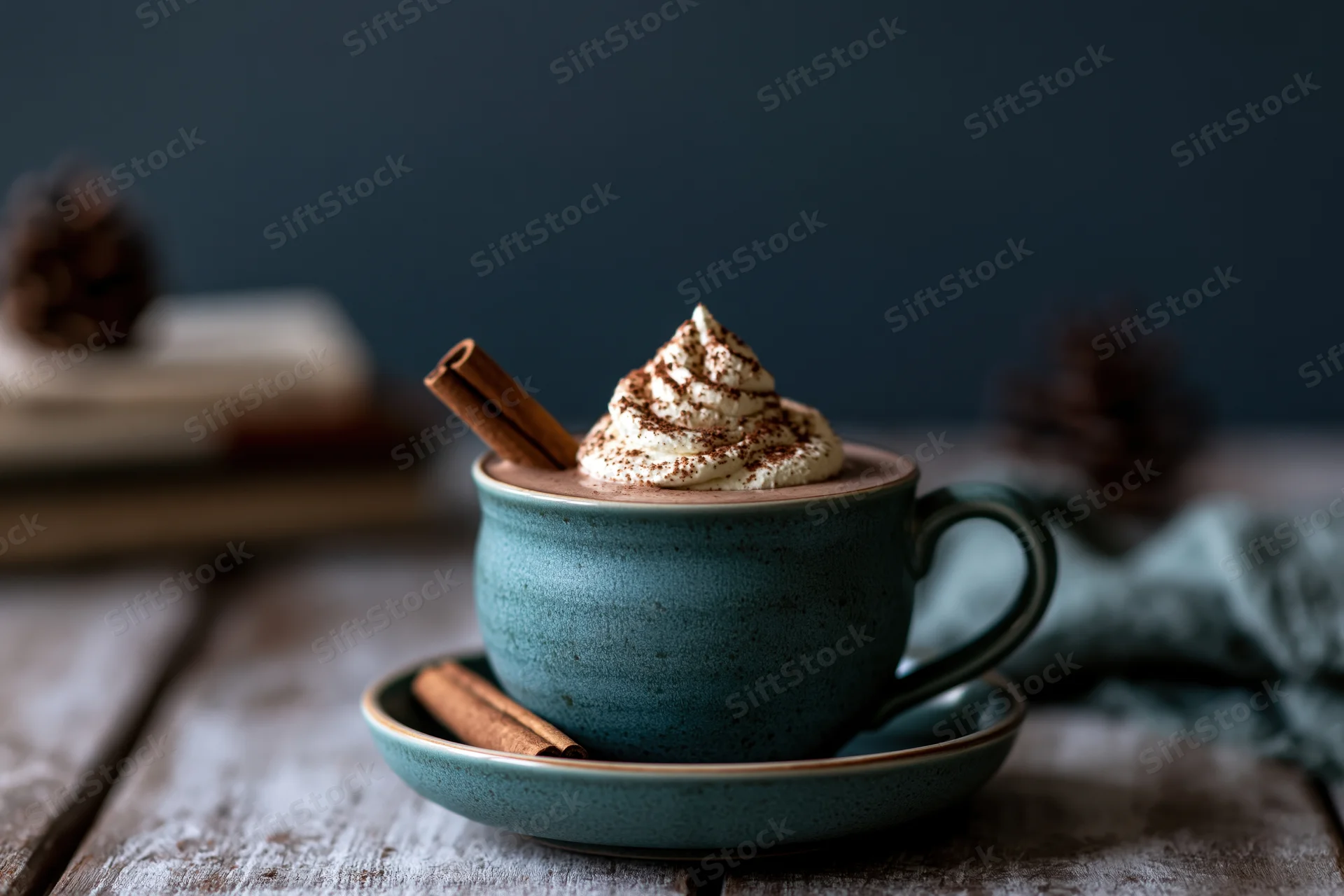 Teal ceramic mug of hot chocolate with whipped cream and cinnamon stick on wooden table