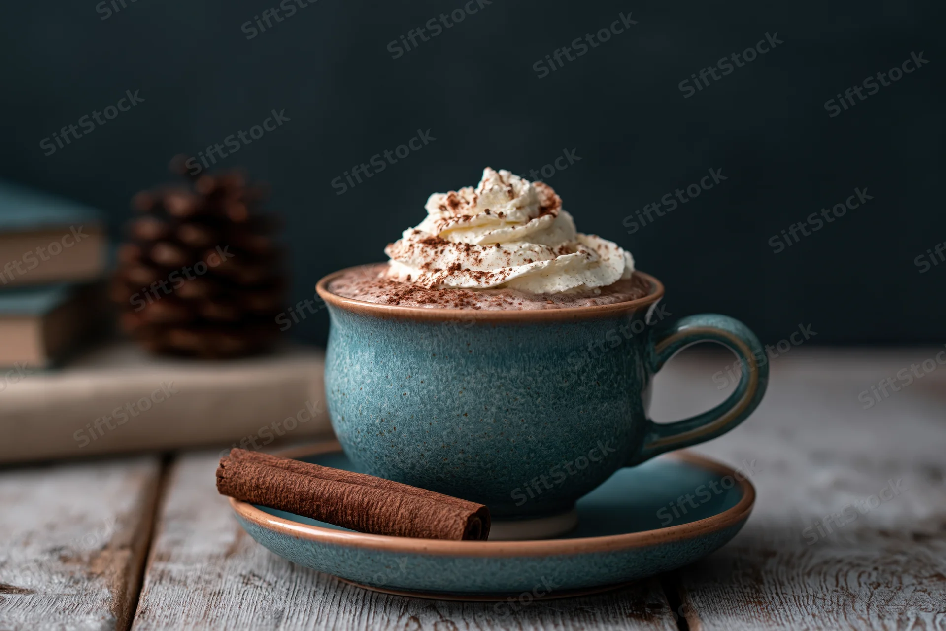 Teal ceramic mug of hot chocolate topped with whipped cream and cinnamon on wooden table with pinecone and books in background