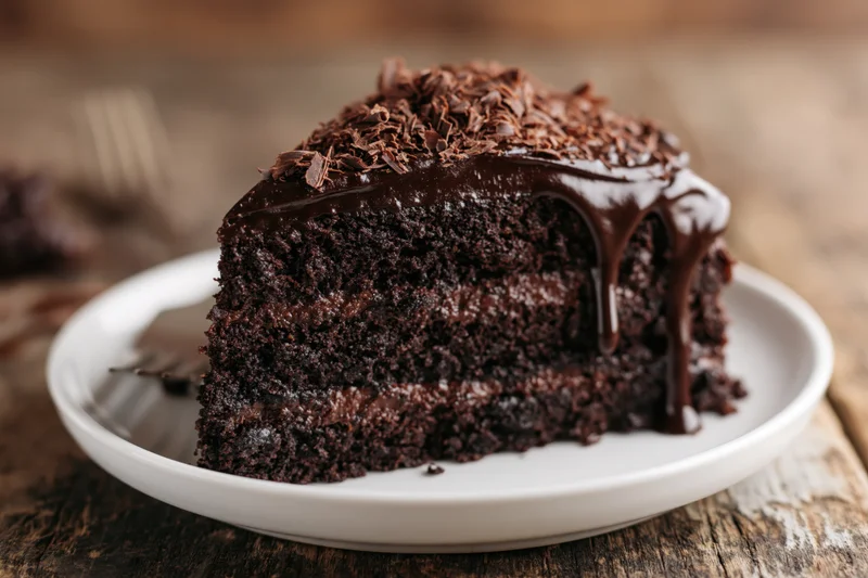 Thick slice of triple-layer chocolate cake with chocolate ganache and curls on a white ceramic plate on a rustic wooden table