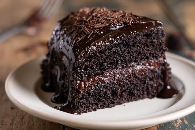 Thick slice of triple-layer chocolate cake with chocolate ganache and shavings on a white ceramic plate