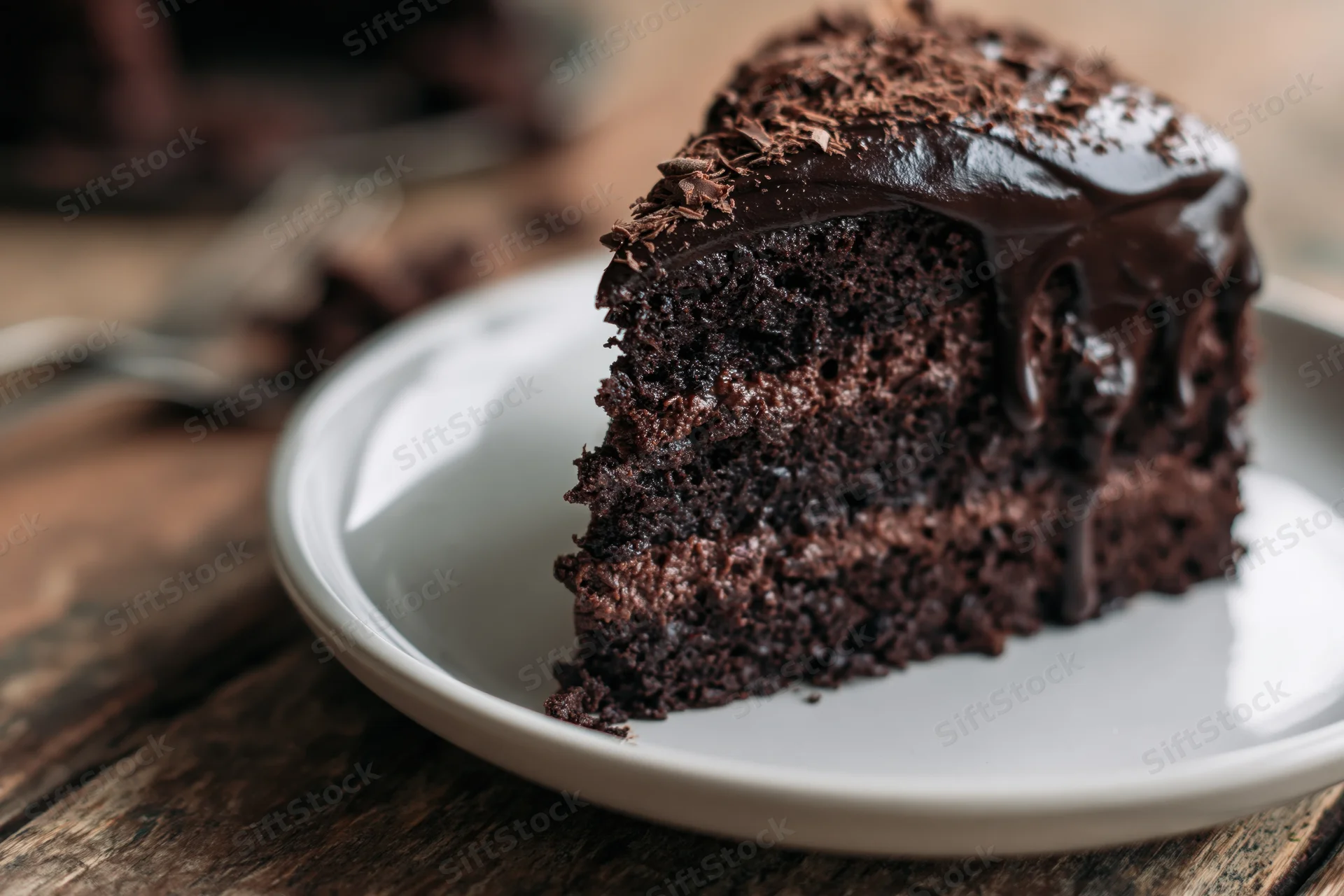 Thick slice of triple-layer chocolate cake with chocolate frosting and shavings on a white plate on wooden surface