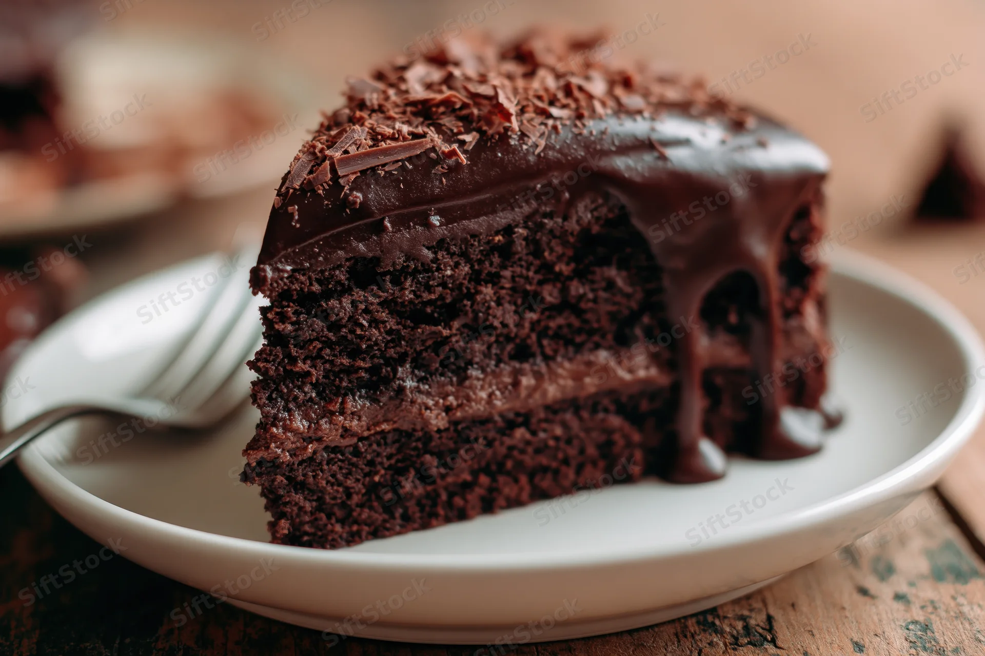 Thick slice of triple-layer chocolate cake with chocolate ganache frosting and chocolate shavings on a white ceramic plate with fork beside it on wooden surface