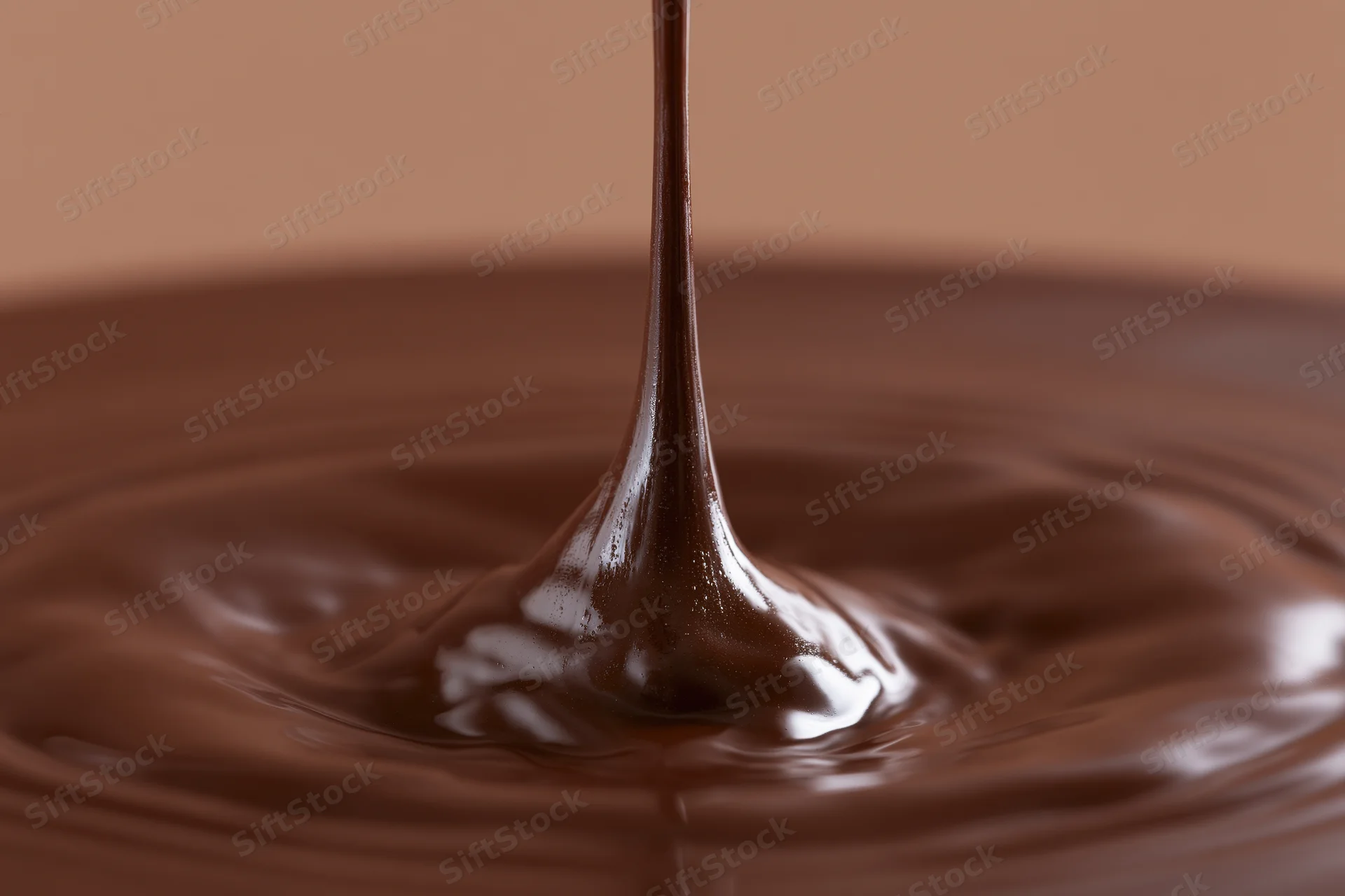 Thin stream of melted dark chocolate pouring into a pool creating ripples and a glossy surface