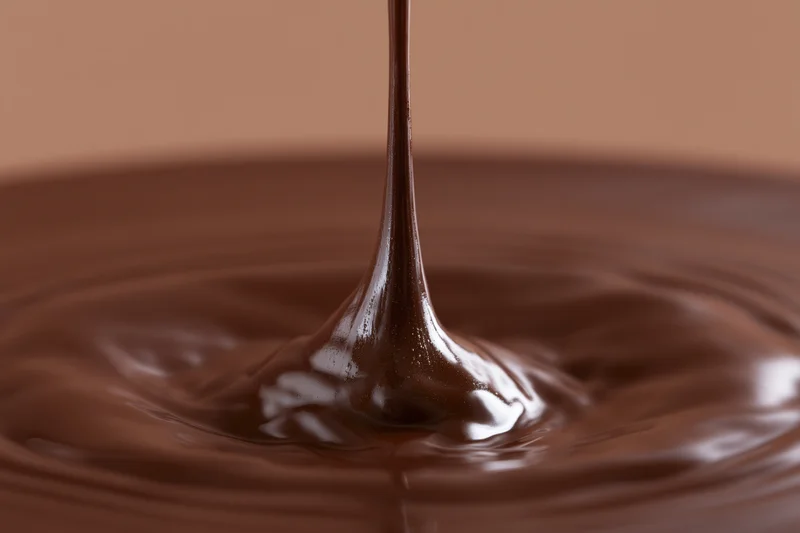 Thin stream of melted dark chocolate pouring into a pool creating ripples and a glossy surface
