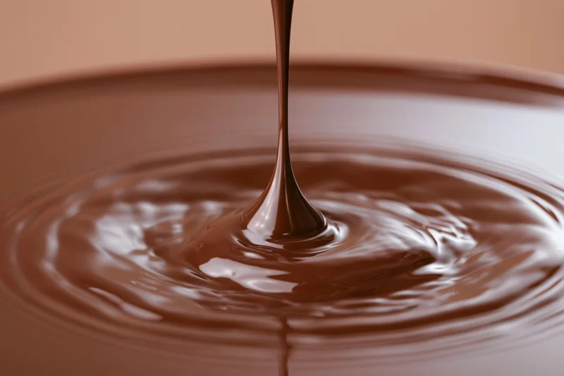 Thin stream of melted dark chocolate pouring into a pool creating ripples on the surface