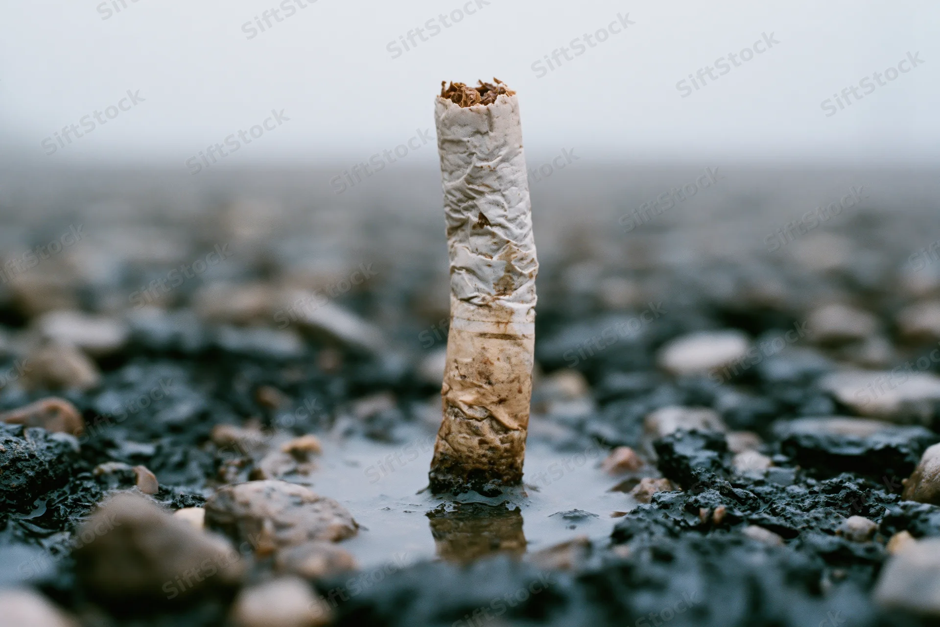 Used cigarette butt standing upright in a puddle on wet gravel ground