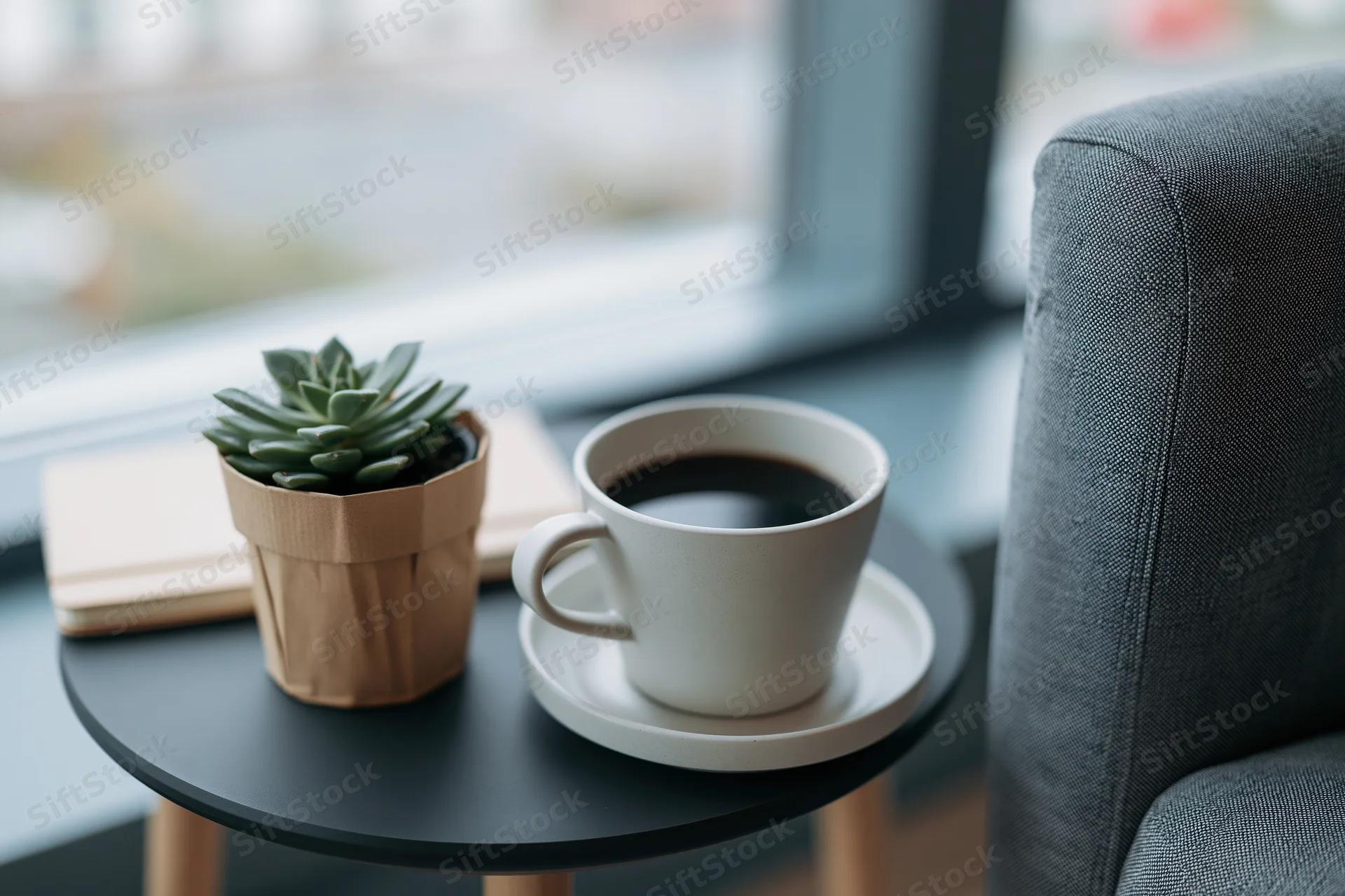 White ceramic coffee cup with black coffee on a small round table beside a potted succulent and notebook near a window